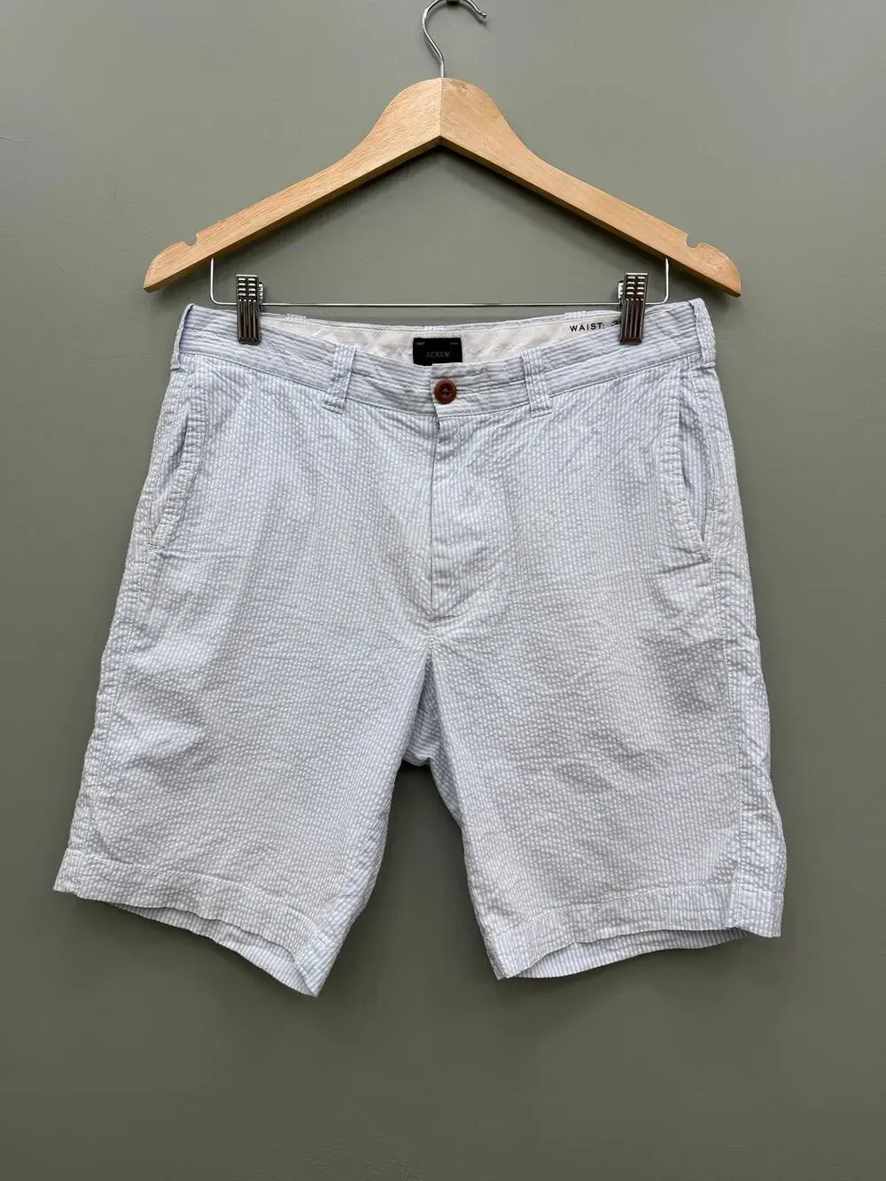 J.Crew Seersucker Shorts Blue White Stripe Flat Front Size 30
